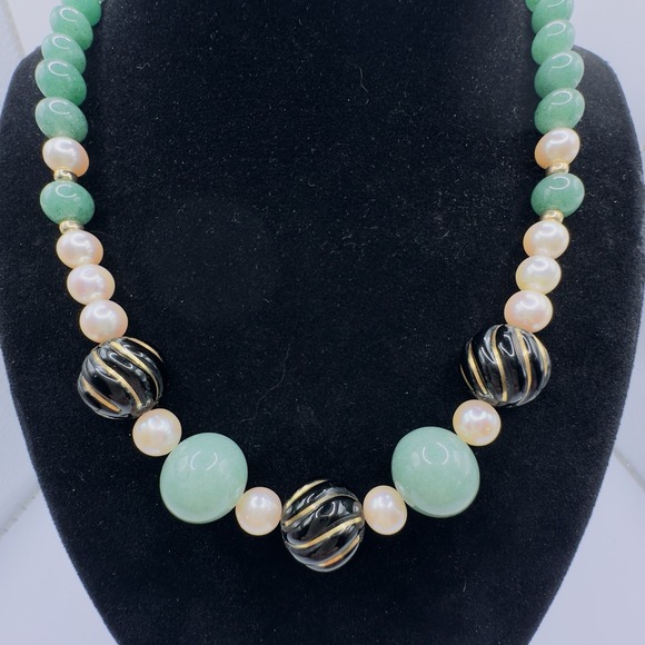 Artisan Jewelry - Artisan Gemstone & Pearl Necklace Black Gold Swirl Bead Statement Necklace 18"